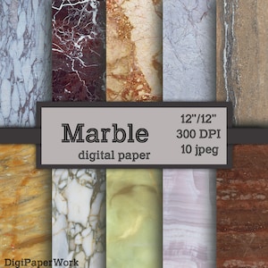 May include: A collection of marble digital paper designs in various colors, including white, gray, brown, and red. The image includes the text "Marble digital paper" and specifications of 12"/12", 300 DPI, and 10 jpeg files.