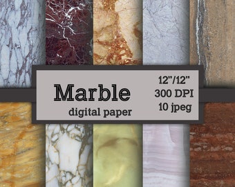 May include: A collection of marble digital paper designs in various colors, including white, gray, brown, and red. The image includes the text "Marble digital paper" and specifications of 12"/12", 300 DPI, and 10 jpeg files.