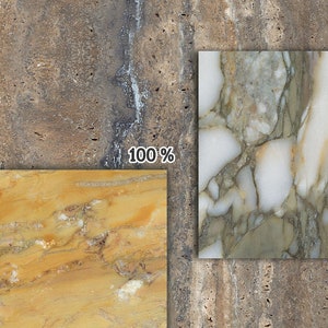 May include: An image showcasing various stone textures. The background features a mottled brown and gray pattern. Overlaid are rectangular samples of marble and onyx, displaying veined patterns in shades of white, gold, and green. The text "100 %" is visible.