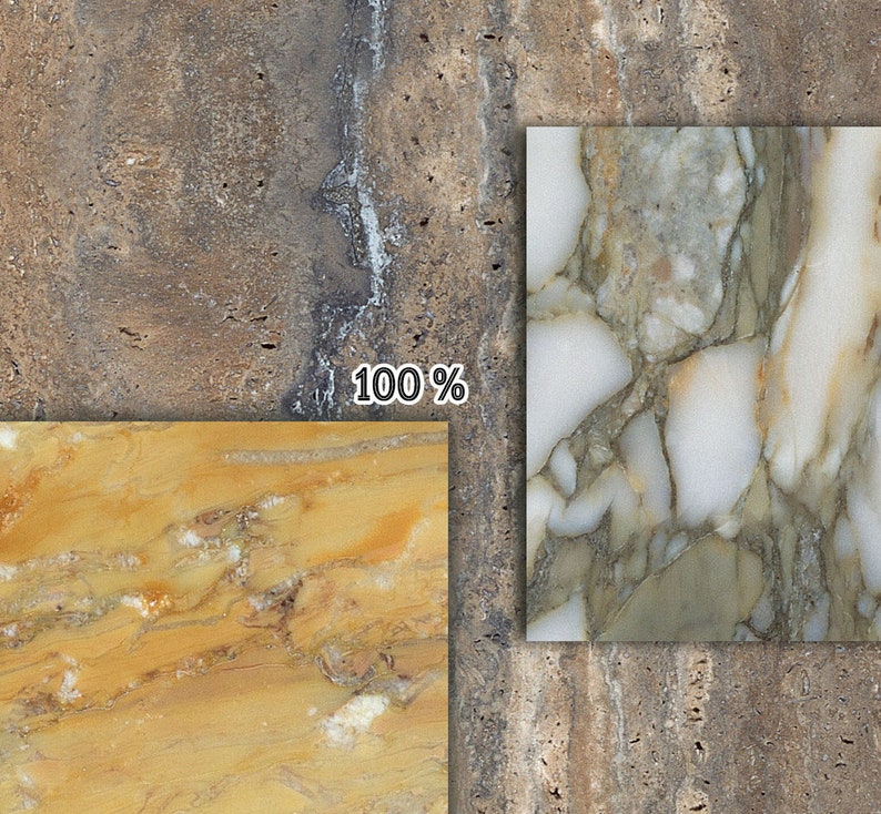 May include: An image showcasing various stone textures. The background features a mottled brown and gray pattern. Overlaid are rectangular samples of marble and onyx, displaying veined patterns in shades of white, gold, and green. The text "100 %" is visible.