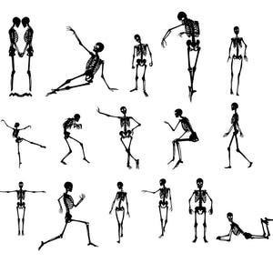 May include: A collection of black and white skeleton illustrations in various poses. The skeletons are depicted in standing, sitting, and dynamic action poses, such as running and dancing. The images are set against a plain white background.