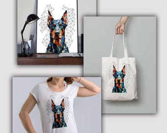 Geometryczna mozaika ścienna z dobermanem | Geometryczny pies wektorowy | Do druku w formacie PNG JPG