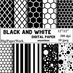 May include: Ten black and white digital paper patterns, each 12 inches by 12 inches, with geometric designs including stripes, polka dots, and honeycomb patterns.  The text "BLACK AND WHITE DIGITAL PAPER seamless" is included in the image.
