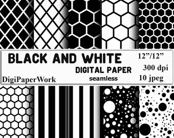 Black and White Digital Paper, stripes seamless pattern grid background honeycomb pattern Personal and Commercial Use