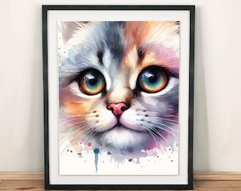 Ilustracja kota w akwareli | Grafika ścienna z kotem do druku JPG PNG | (Pobieranie cyfrowe)