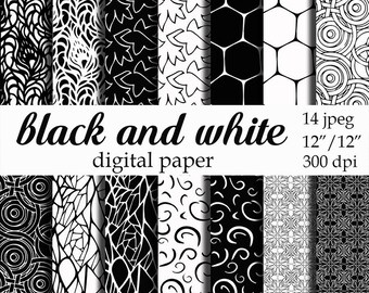 Könnte beinhalten: Ein Set mit 14 schwarzen und weißen digitalen Papiermustern, jedes mit einer Größe von 30,48 cm x 30,48 cm bei 300 dpi. Die Muster umfassen geometrische Formen, Spiralen und abstrakte Designs.