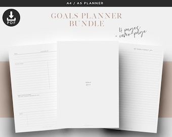 May include: A printable goals planner bundle in A4 and A5 sizes. The bundle includes four pages and a cover page. The cover page has the text "Goals Planner Bundle" in a brown font. The pages are white with black lines and text.