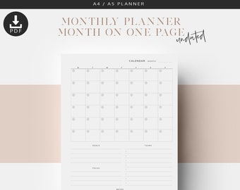 A5 Monthly Planner, Printable Planner Inserts, Month On One Page, MO1P, Calendar Inserts, Undated Planner Inserts, Monthly Calendar Refill