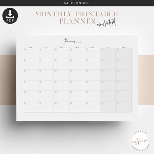 Pode incluir: Planeador mensal imprimível em tamanho A4 com um layout de calendário sem data. O planeador apresenta um design minimalista com fundo branco e linhas de grade cinzentas. O texto "MONTHLY PRINTABLE PLANNER" está no topo, com "Janeiro" e rótulos dos dias da semana.