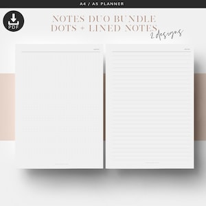 Può includere: Due pagine di note stampabili, una con una griglia punteggiata e l'altra con carta rigata. Le pagine sono etichettate "NOTES" in alto. Il testo "NOTES DUO BUNDLE DOTS + LINED NOTES 2 designs" è in alto nell'immagine.