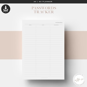 Pode incluir: Rastreador de senhas imprimível no tamanho A4 ou A5. O rastreador tem colunas para o site, login e senha. O rastreador é projetado para ser usado com uma caneta ou lápis.