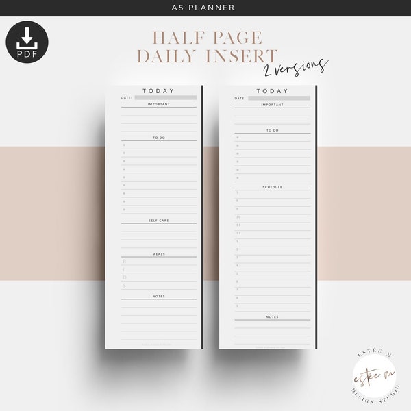 A5 Half Page Daily Inserts, Printable Planner Inserts, Daily Planner, Daily Tracker Inserts, Minimal Planner Inserts, Day On One Page