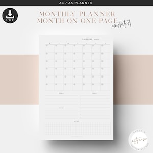 A5 Monthly Planner, Printable Planner Inserts, Month On One Page, MO1P, Calendar Inserts, Undated Planner Inserts, Monthly Calendar Refill