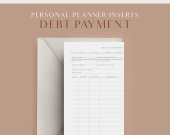 May include: A printable debt payment tracker with sections for debt name, creditor, starting balance, account number, minimum payment, target pay off date, end date, date, amount, balance, and comments.