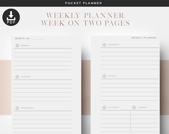 Pocket Weekly Planner Inserts, Horizontal Week on Two Pages (PDF)