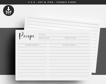 Printable Recipe Cards, Minimal Recipe Cards, Home Organization Printables, Kitchen Organization Printables, Recipe Pages Printables, 4x6