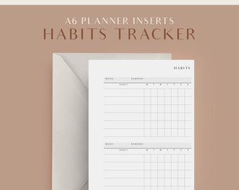 May include: A printable A6 planner insert for tracking habits. The page is divided into two sections, each with a space for the week number, a reward, and a habit. Each section has a grid for tracking the habit for each day of the week, Monday through Sunday.