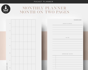 Pocket Monthly Planner Inserts, Pocket Printable Planner Inserts, Monthly Planner, Pocket Month On Two Pages, MO2P, Undated Planner Pages