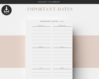 Pocket Important Dates Planner Inserts, Printable Birthday Tracker (PDF)