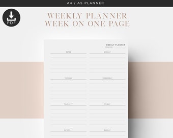 A5 Printable Weekly Planner, Week On One Page, Weekly Planner Inserts, Printable Planner Inserts, A5 Planner Refills, A5 Agenda Inserts