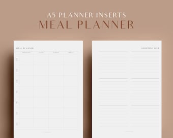 A5 Meal Planner, Printable Planner Inserts, Weekly Meal Plan, Meal Tracker, Shopping List, A5 Planner Refills, Agenda Refills