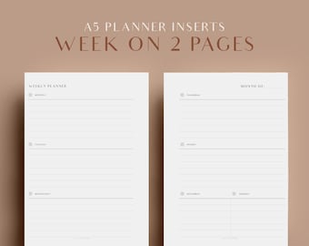 A5 Horizontal Weekly Planner, Week On Two Pages, Printable Planner Inserts, A5 Planner Inserts, A5 Printable Planner, WO2P, Agenda Inserts