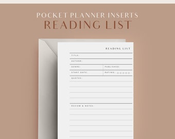 Reading List, Pocket Printable Planner Inserts, Reading Tracker, Reading Planner Inserts, Book Reading Tracker, Agenda Refill