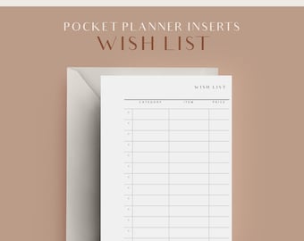 Wish List, Pocket Printable Planner Inserts, Checklist Insert, Planner Pages, Agenda Refill, Minimal Planner Inserts