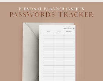 Passwords Tracker, Personal Printable Planner Inserts, Planner Tracker, Printable Planner Pages, Agenda Refill, Password Planner Inserts