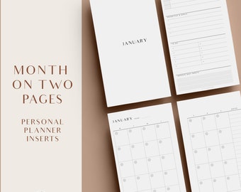 Monthly Planner, Personal Planner Inserts, Printable Planner Inserts, Month On Two Pages, Undated Planner, Agenda Refill
