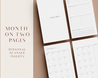 Monthly Planner, Personal Planner Inserts, Printable Planner Inserts, Month On Two Pages, Undated Planner, Agenda Refill