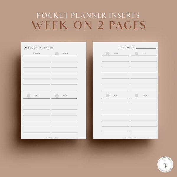 Weekly Planner, Pocket Planner Inserts, Printable Inserts, Week On Two Pages, Pocket Planner Inserts, Agenda Refill