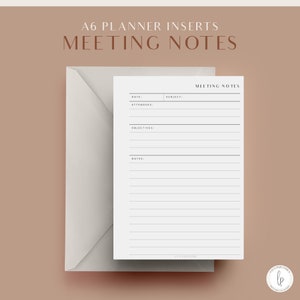 May include: A printable A6 planner insert for taking meeting notes. The insert has sections for the date, subject, attendees, objectives, and notes.