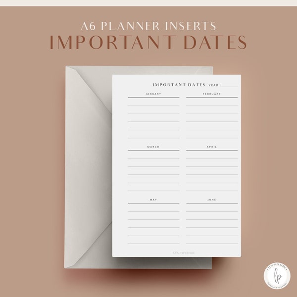 Important Dates, A6 Planner Inserts, Printable Planner Inserts, Birthday Tracker, A6 Planner Refills,  Agenda Refills