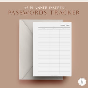 Passwords Tracker, A6 Printable Planner Inserts, Planner Tracker, Printable Planner Pages, Agenda Refill, Password Planner Inserts