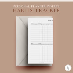 Può includere: Un inserto bianco per il monitoraggio delle abitudini per un'agenda personale, con una griglia per il monitoraggio delle abitudini quotidiane. L'inserto è visualizzato su uno sfondo dai toni neutri con il testo "PERSONAL PLANNER INSERTS HABITS TRACKER".
