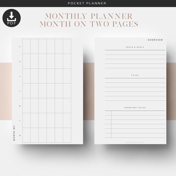 Pocket Monthly Planner Inserts, Pocket Printable Planner Inserts, Monthly Planner, Pocket Month On Two Pages, MO2P, Undated Planner Pages