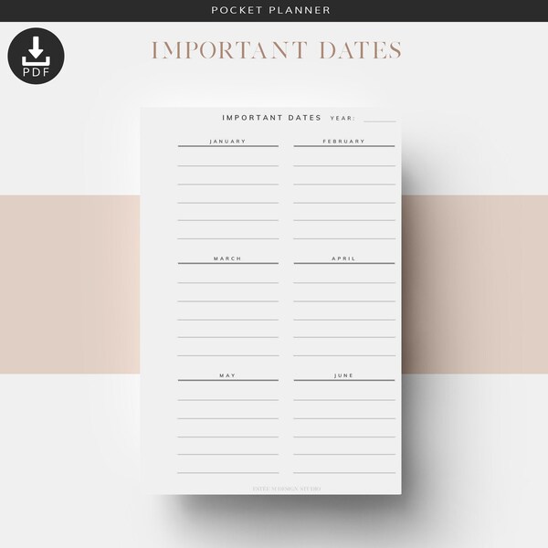 Pocket Important Dates Planner Inserts, Printable Planner Inserts, Dates Tracker, Undated Planner Inserts, Birthday Tracker