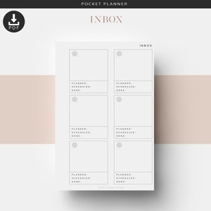 Puede incluir: Una página de planificador de bolsillo imprimible con la palabra "INBOX" en la parte superior. La página está dividida en seis secciones, cada una con un círculo en la parte superior y las palabras "PLANNED:", "SCHEDULED:" y "DONE:" debajo.