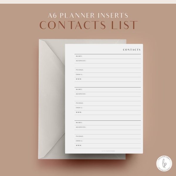 Contacts List, A6 Planner Inserts, Printable Planner, Address Tracker, Planner Pages, Agenda Refills, A6 Planner Refills