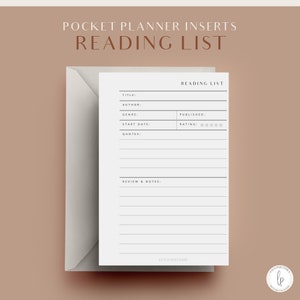 May include: A printable reading list planner insert with fields for title, author, genre, start date, published date, rating, quotes, and review and notes. The planner insert is on a white background with black text.