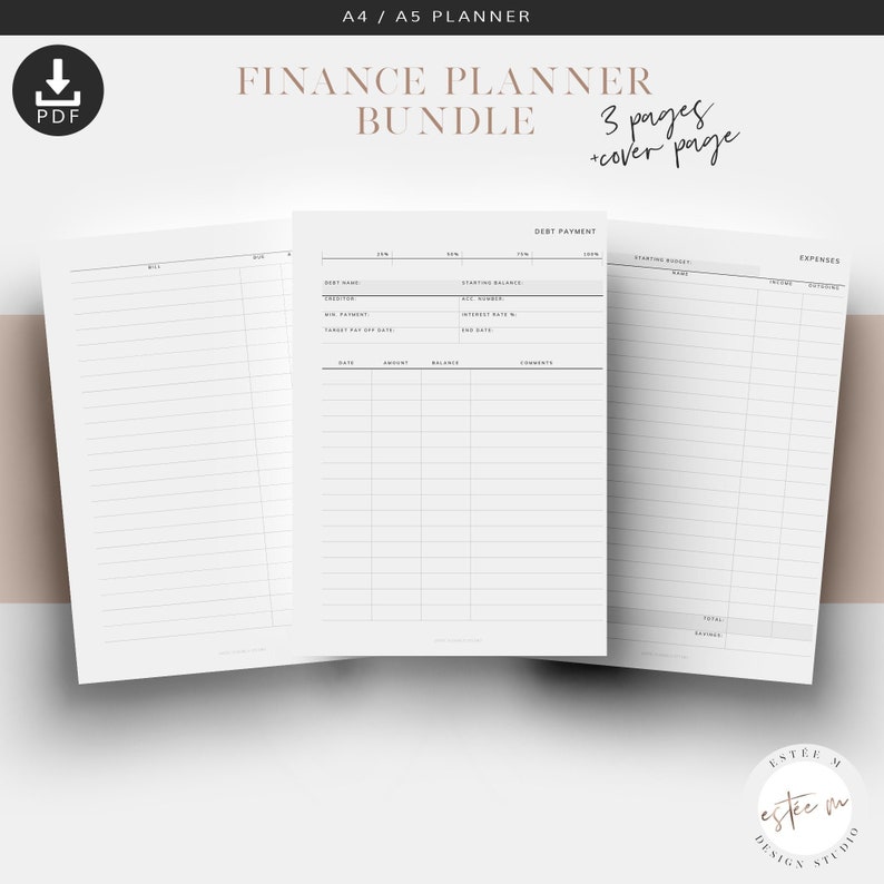 May include: A printable PDF finance planner bundle with three pages, including a cover page. The planner includes sections for debt payment, expenses, and a budget tracker.