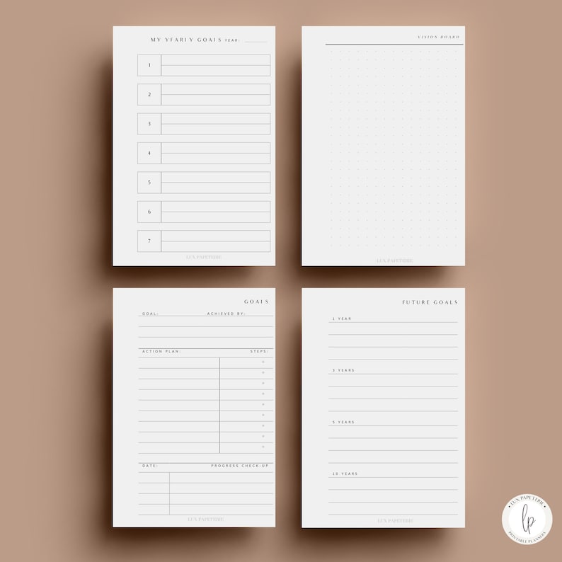 Puede incluir: Planificador de objetivos imprimible con secciones para objetivos anuales, objetivos futuros y un tablero de visi&oacute;n. El planificador tiene un dise&ntilde;o minimalista con texto negro sobre fondo blanco.