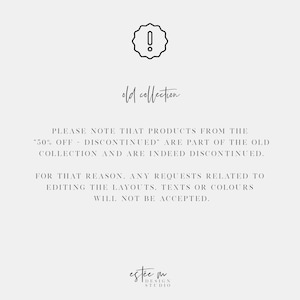 May include: A minimalist design with the text "old collection" and a warning symbol. The text below states that products from the "50% off - discontinued" section are part of the old collection and are discontinued.