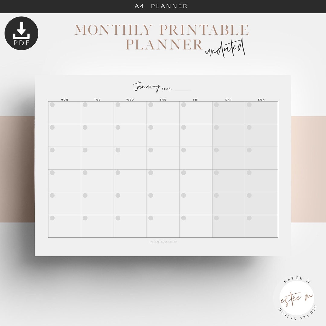 A4 Monthly Desk Planner, Printable Calendar, Undated Monthly Planner ...