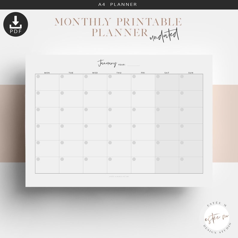 A4 Monthly Desk Planner Printable Calendar Undated Monthly Etsy