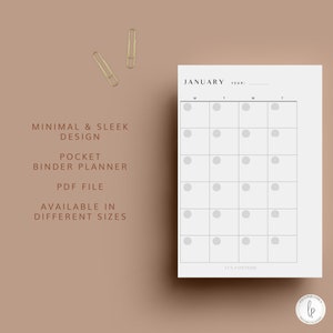 May include: A printable January calendar planner with a minimalist design. The calendar has a white background with gray circles for each day of the week. The text "JANUARY" and "YEAR:" are at the top of the calendar. The text "LUN PAPETERIE" is at the bottom of the calendar.