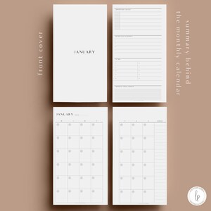 May include: A printable monthly calendar planner with a front cover that says "JANUARY". The calendar has sections for important dates, priorities and goals, to do list, improve next month, and notes.