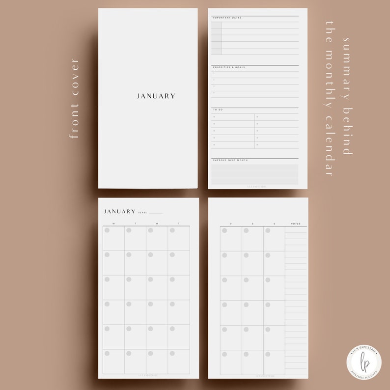 May include: A printable monthly calendar planner with a front cover that says "JANUARY". The calendar has sections for important dates, priorities and goals, to do list, improve next month, and notes.
