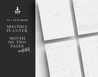 A5 Monthly Planner, Printable Planner Inserts, Month On Two Pages, Printable Planner Refills, Undated Planner, Monthly Calendar